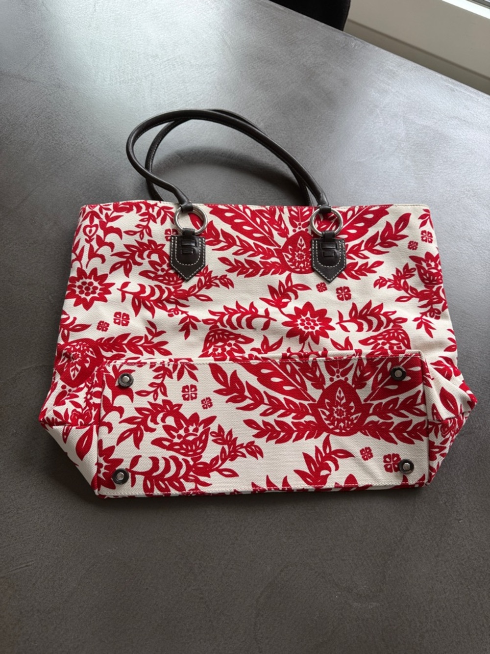 Banana Republic Red and White Floral Tote Bag with Black Leather Handles